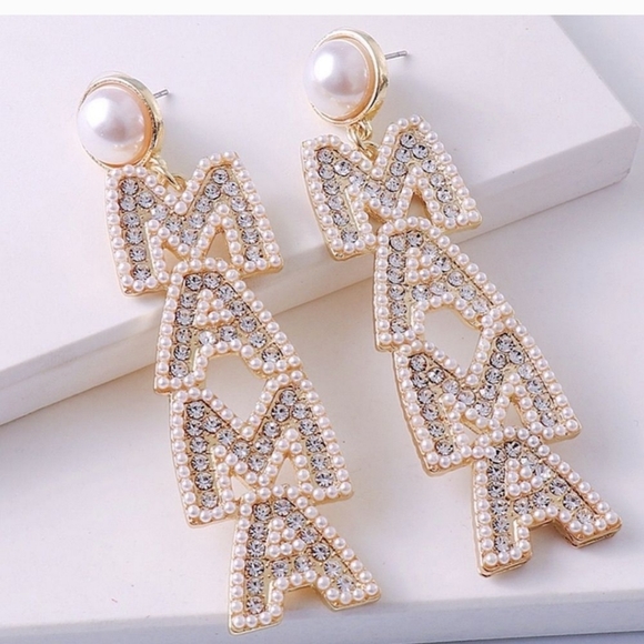 Pearl & Crystal Rhinestone "MAMA"  Earrings ~ 🎁 🦪 - Picture 1 of 7